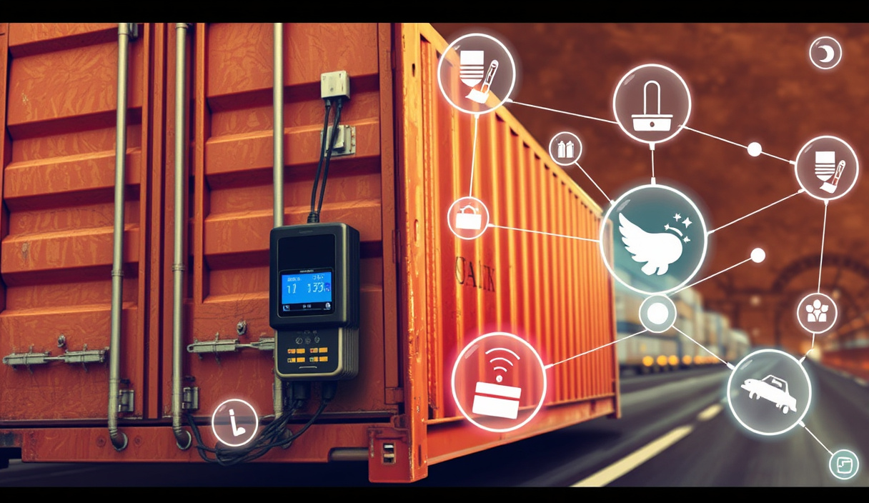 Shipping container with monitoring sensors and tracking tags during transport