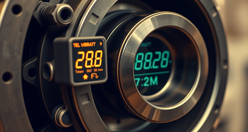 Industrial motor with mounted temperature and vibration sensors displaying readings