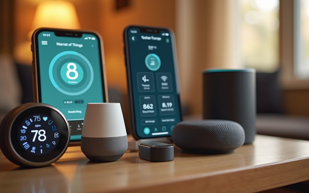 IoT devices connected to a home network showing sensor data and remote control capabilities