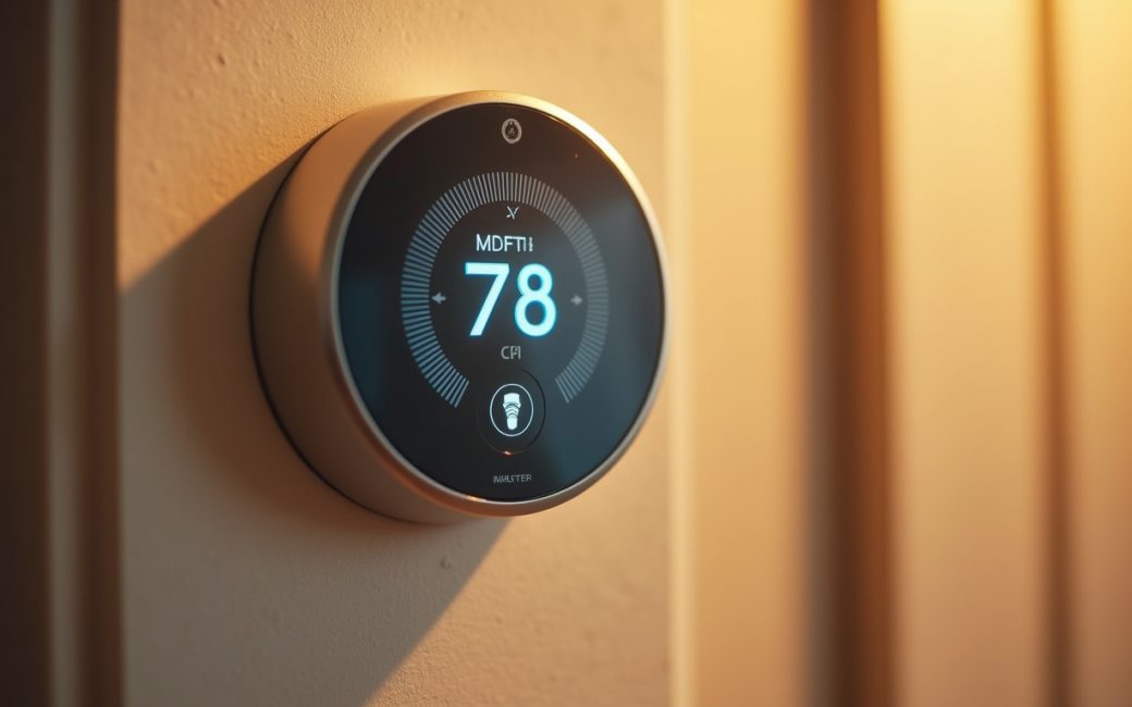 A modern wall-mounted thermostat with digital display and sensor components visible.