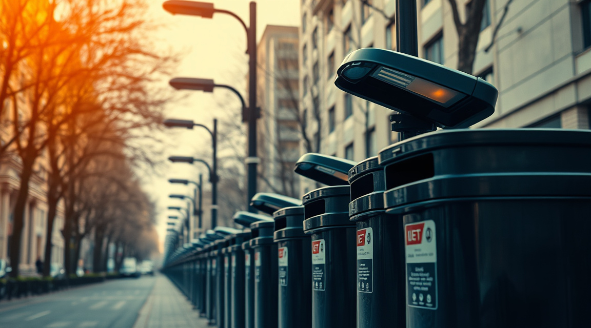 Smart street lights with sensors and IoT-equipped waste bins on an urban street