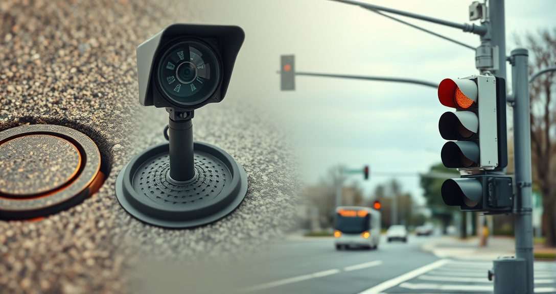 IoT traffic sensors including inductive loop, radar, and camera mounted at intersection