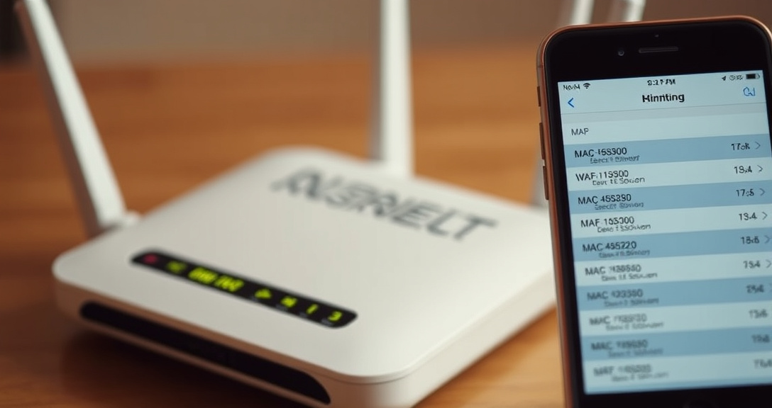 A Wi-Fi router next to a phone displaying connected client devices in the admin interface.