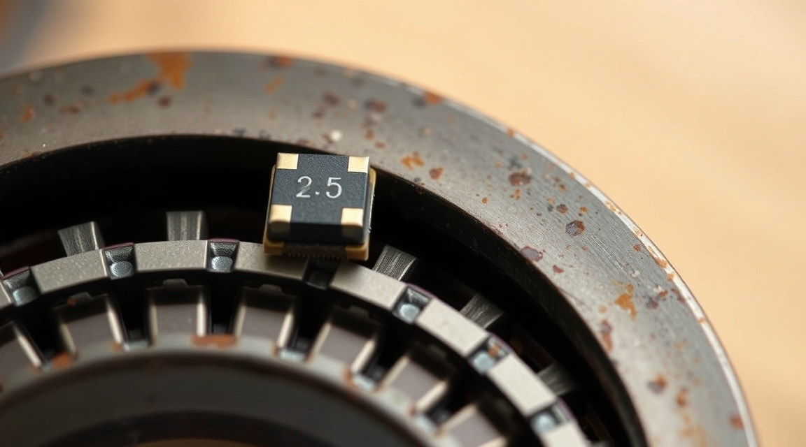 Industrial bearing with mounted vibration sensor showing early signs of wear.