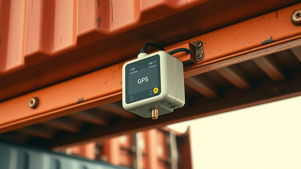 Cellular GPS tracker unit secured to shipping container exterior.