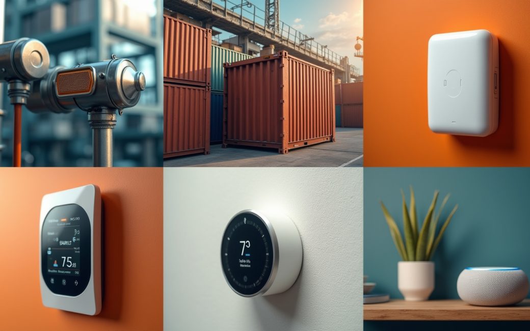 Five different IoT devices displayed in their operational environments: industrial sensor, tracker, thermostat, modem, and speaker.