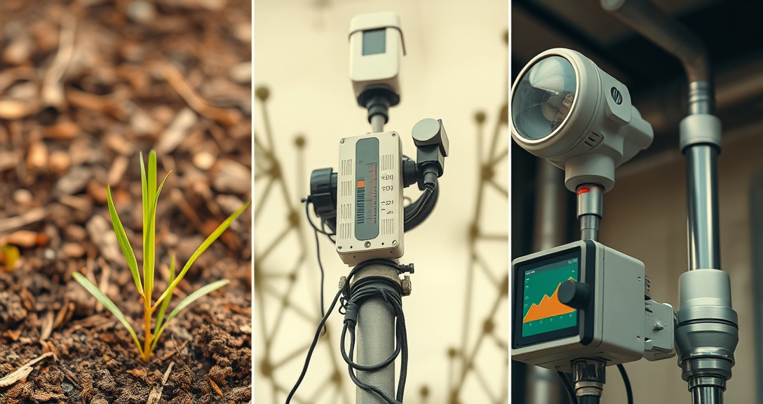 Environmental IoT sensors measuring soil moisture, temperature, humidity and air quality data