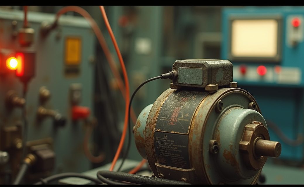 Vibration and temperature sensors bolted to an industrial motor for predictive maintenance monitoring