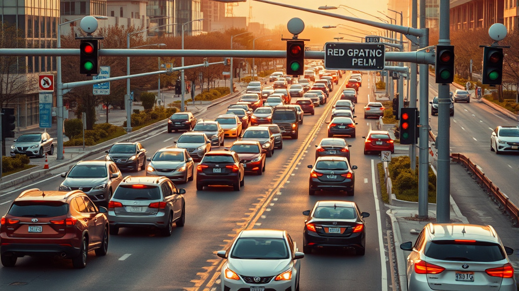 Busy arterial road with embedded sensors and signal controllers managing traffic flow