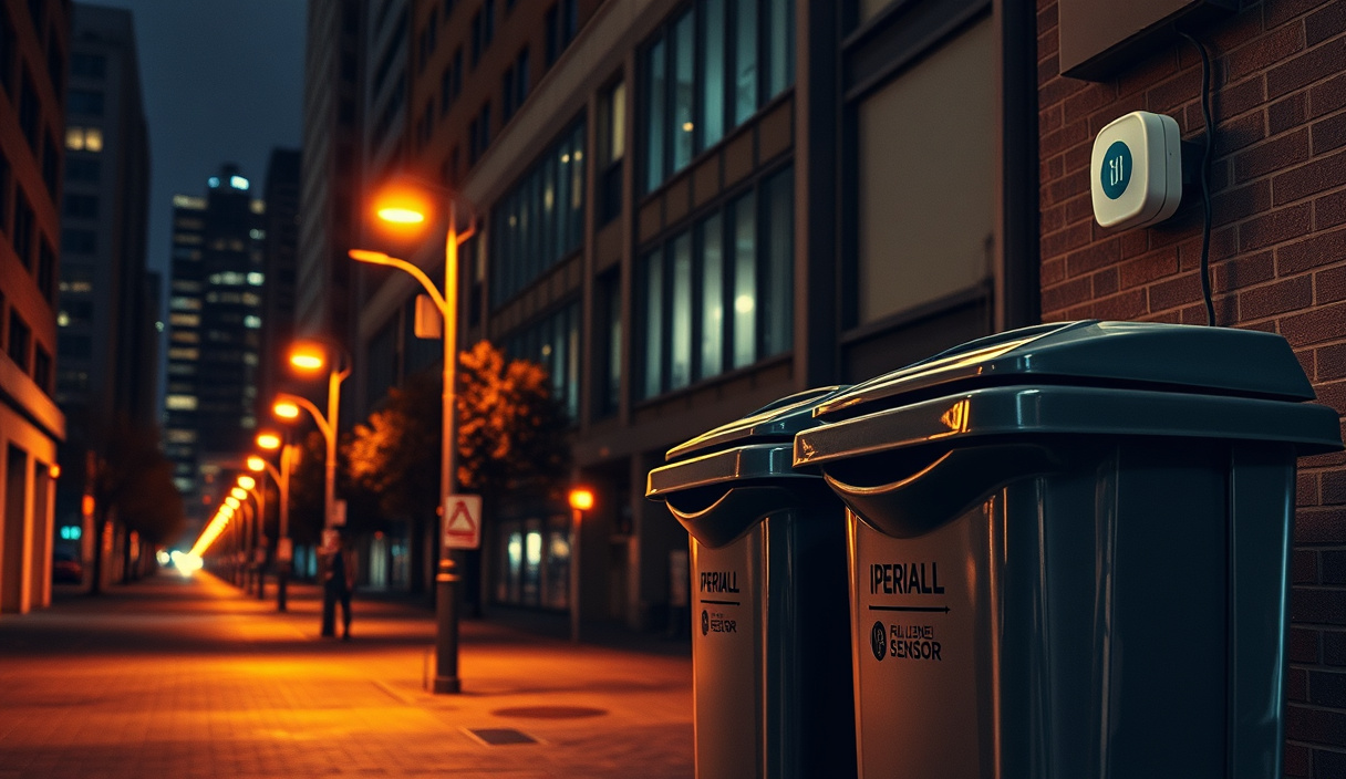 Night scene of dimmed street lights and smart waste bins equipped with monitoring sensors across a city block