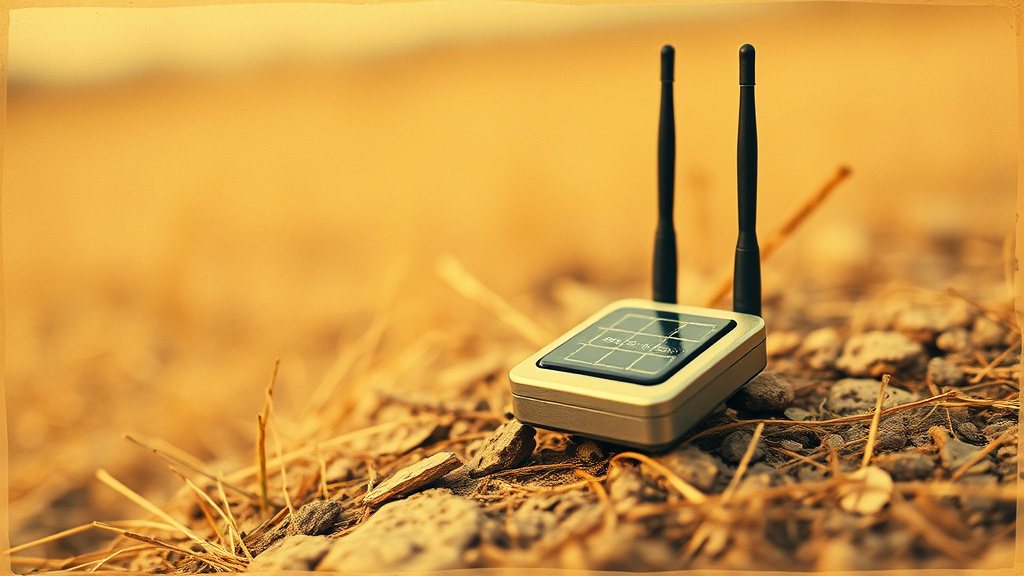 Small battery-powered sensor device positioned in outdoor rural area away from buildings