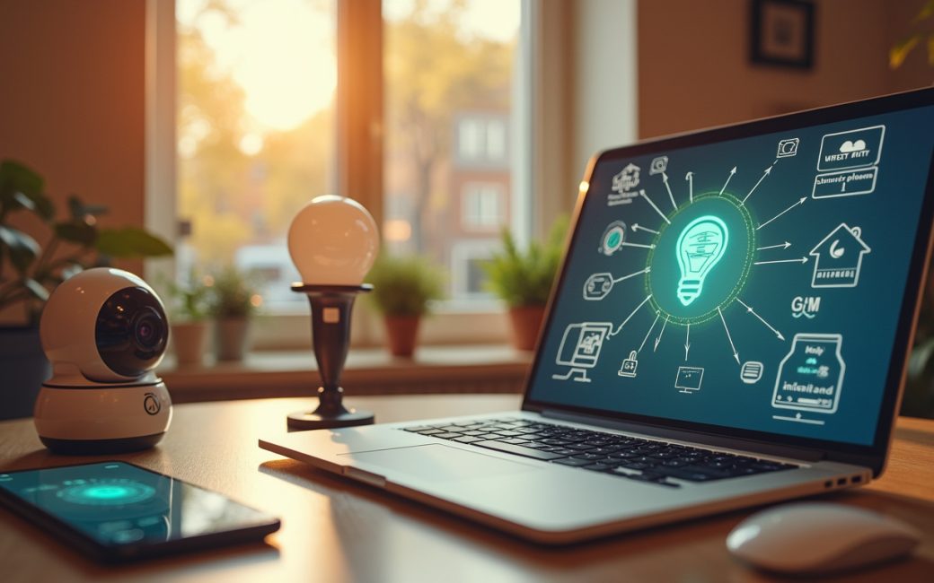 Home office showing connected IoT devices including smart camera, bulb, and thermostat alongside personal devices